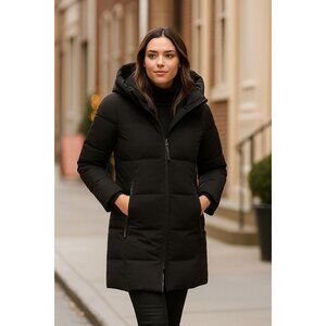 Calvin Klein Med Women Parka Coat Oxford Puffer Jacket Vegan Faux Fur Hood Black